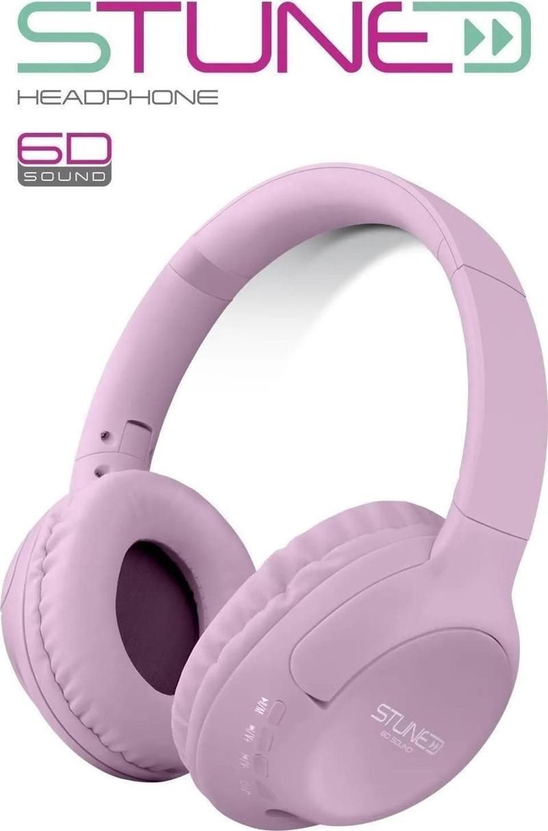Stune Pembe Bluetooth Kulaklık - 6D Sound, 18 Saat Kullanım, Hafıza Kartı Destekli