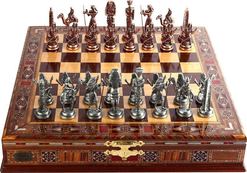 Metal MISIR Satranç Takımı Antik ve El Yapımı Masif Ahşap Sandıklı Satranç Tahtası(38X38X6,5 cm.)