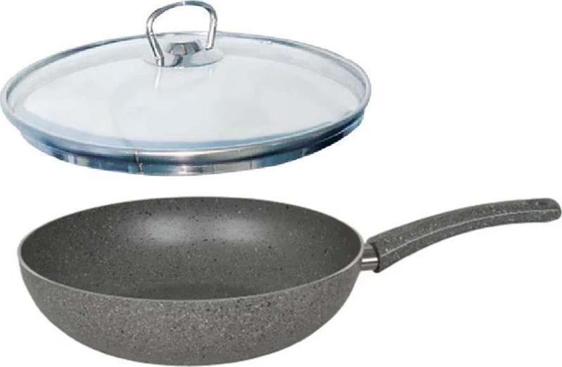 Granit Wok Tava 28 CM Cam Kapaklı