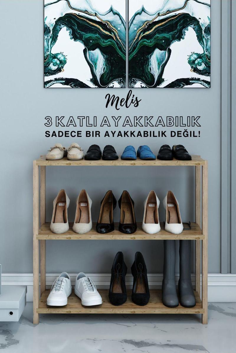 Melis Atlantik Çam 3 Raflı Çok Amaçlı Ahşap Ayakkabılık - Dekoratif Raf - Organizer - Demonte