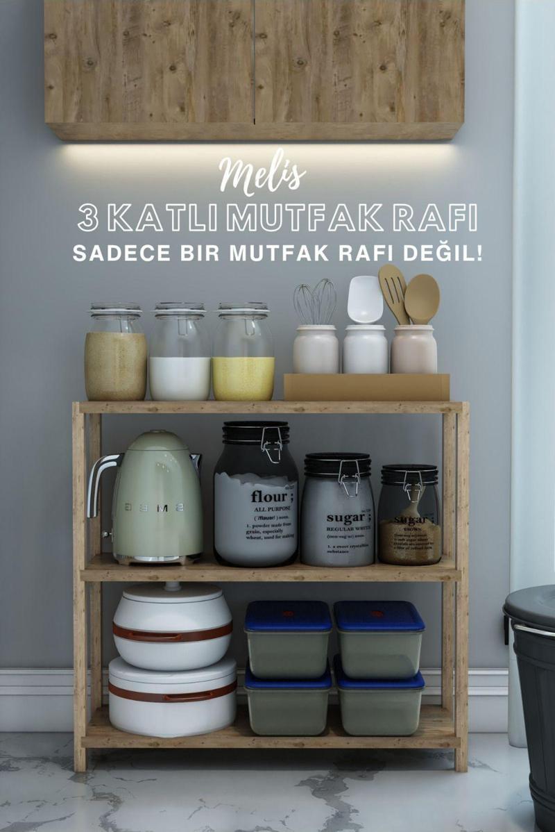 Melis Atlantik Çam Çok Amaçlı 3 Katlı Ahşap Mutfak Rafı - Baharatlık - Organizer - Dekoratif Raf