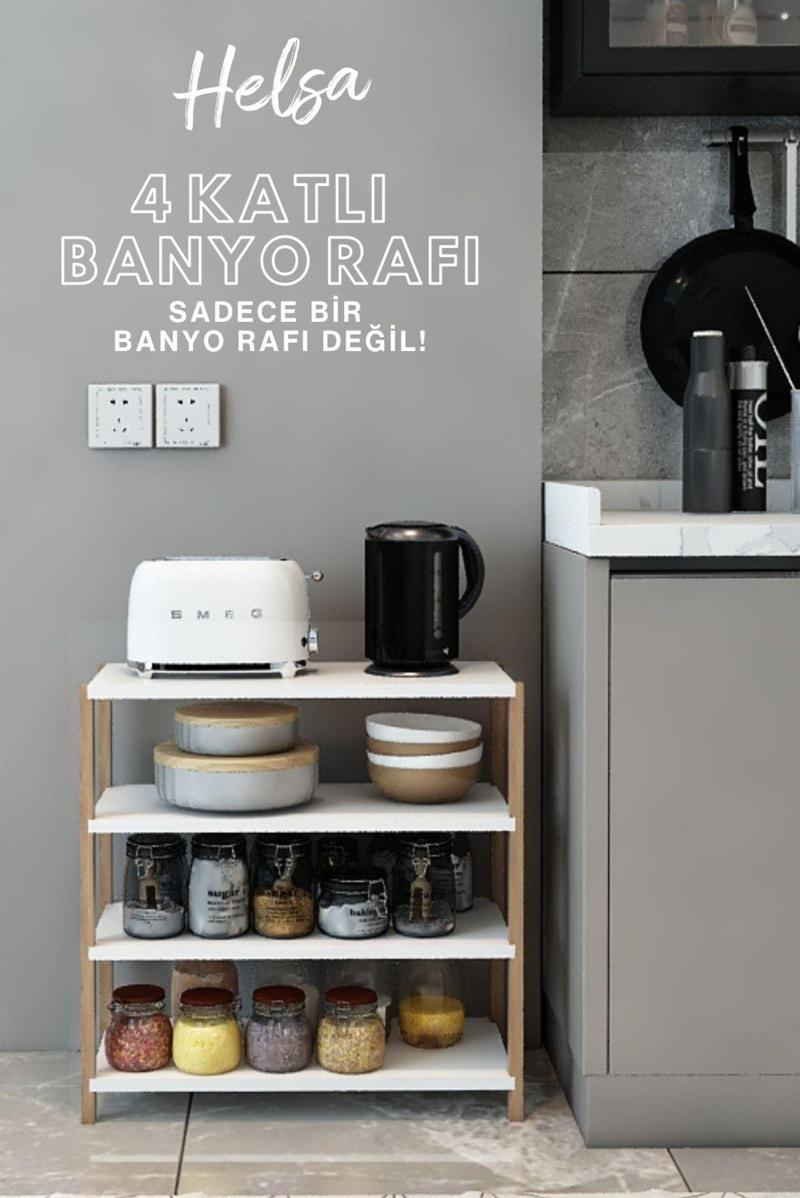Helsa Beyaz 4 Katlı Ahşap Mutfak Rafı - Baharatlık - Banyo Rafı - Çok Amaçlı Dekoratif Raf - Organizer