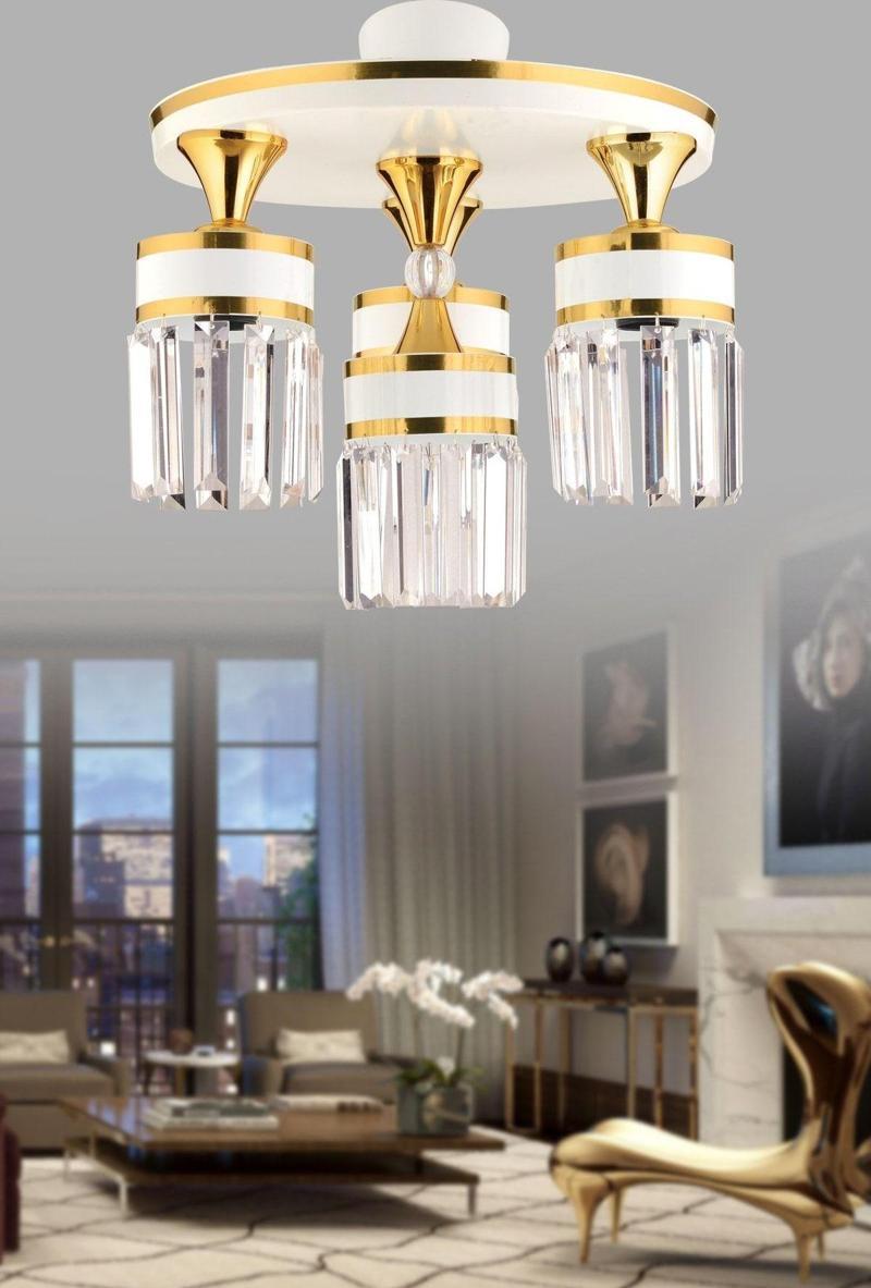 Aslı 4 Lü Profonyer Beyaz Sarı Yaldızlı Kristal Taşlı Lüks Modern Avize