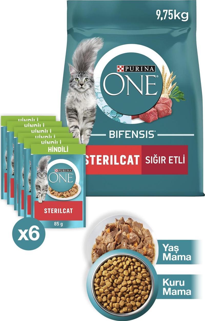 PURINA ONE Sterilcat Sığır Eti Buğday Kısır Kedi Maması 9.75kg + Hindili Yaş Kısır Kedi Maması 6x85g