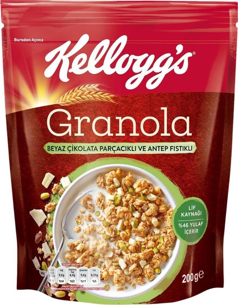 Beyaz Çikolata Parçacıklı&Antep Fıstıklı Granola 200 Gr,%46 Yulaf içerir,Lif Kaynağı