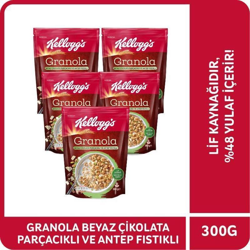 Granola Beyaz Çikolata Parçacıklı&Antep Fıstıklı 300Gr x 5 Adet, %46 Yulaf içerir, Lif Kaynağı