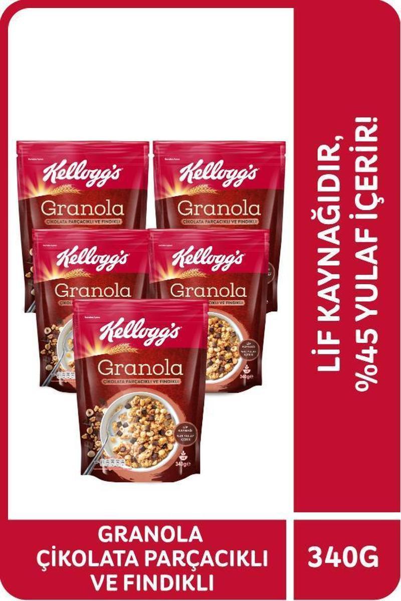 Granola Çikolata Parçacıklı ve Fındıklı 340 Gr x 5 Adet, %44 Yulaf, Lif Kaynağı, Kahvaltılık Gevrek