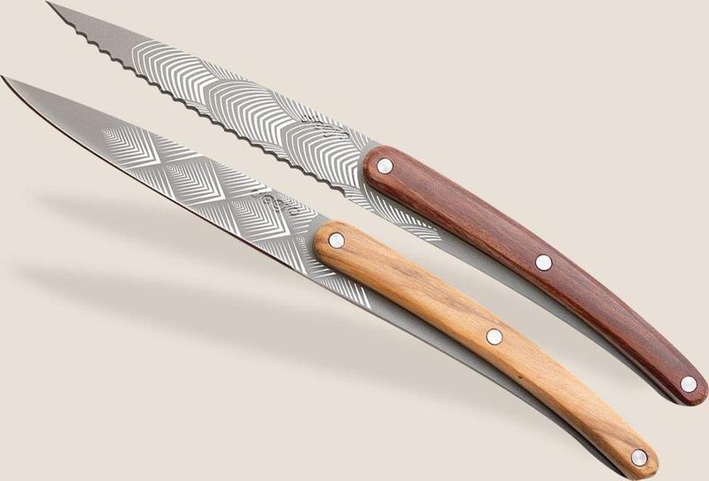 2 Deejo Paring Knives, Olive and Coral Wood / Art Deco