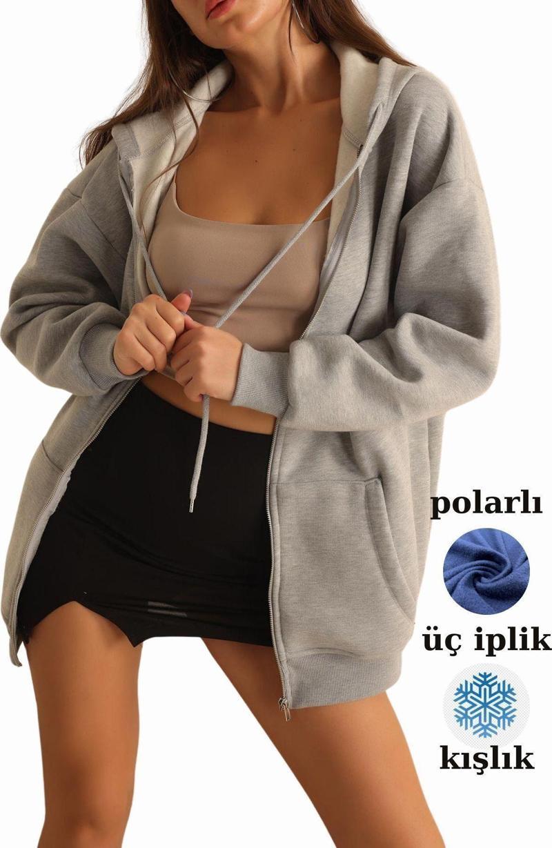 Gri Fermuarlı Kışlık Oversize Sweat Hırka