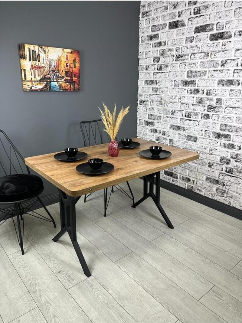 Sultan Ceviz Mutfak Yemek Masası Balkon Masası Kavisli Köşe Metal Siyah Ayak 120*80 Cm