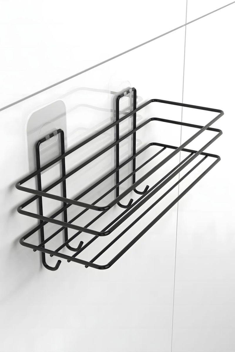 Yapışkanlı 4 Kancalı Banyo Rafı Mat Siyah Banyo Şampuanlık Duşakabin Duş Askısı