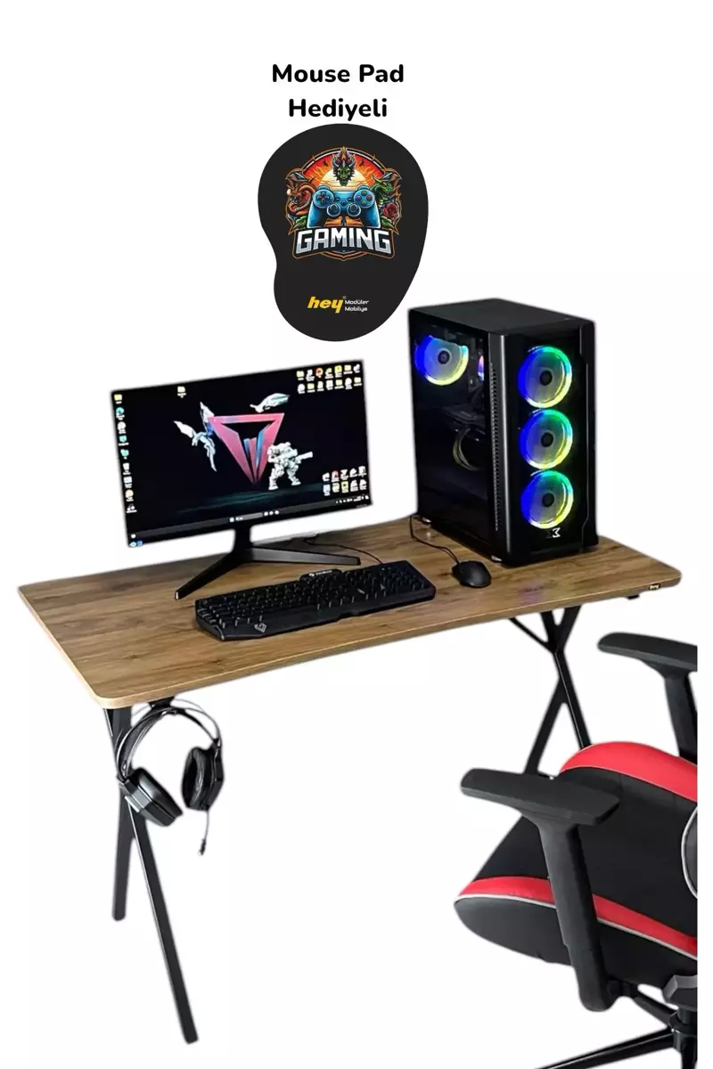 Heygaming Profesyonel Oyuncu Masası Ceviz Bilgisayar Çalışma Masası 120 Cm