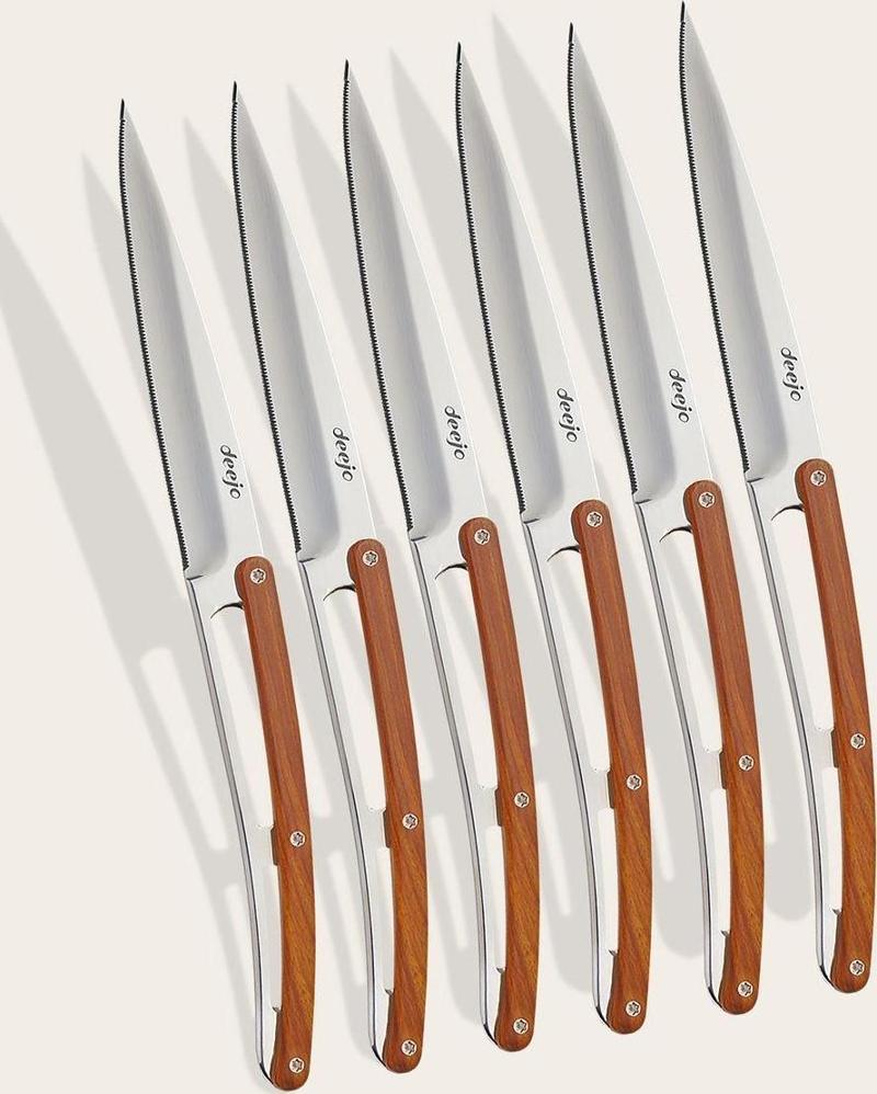 6 Deejo Steak Knives Serrated, Coral Wood