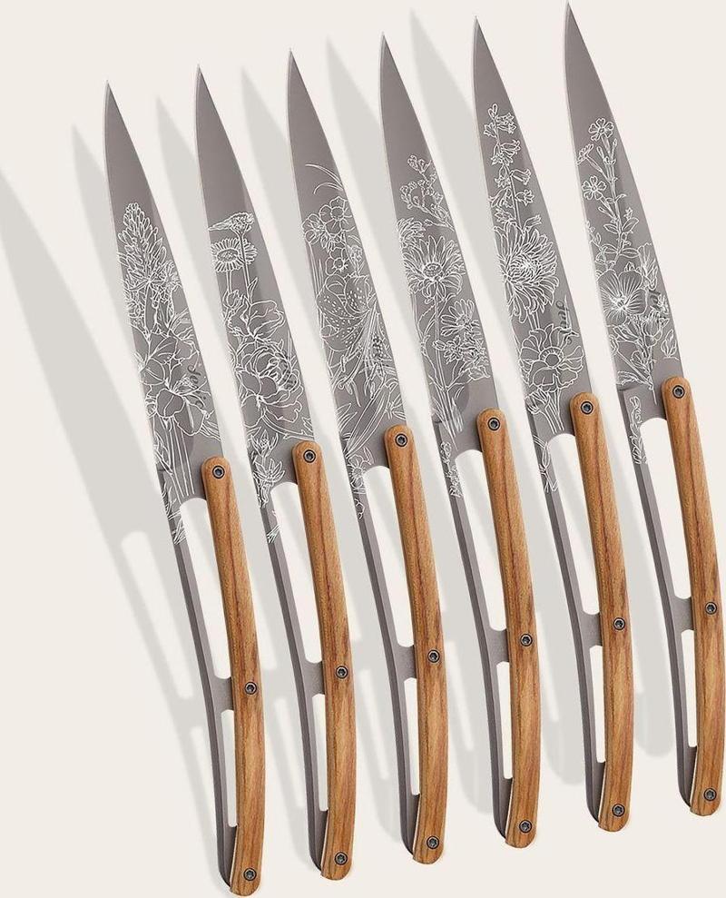 6 Deejo Steak Knives, Olive Wood / Blossom