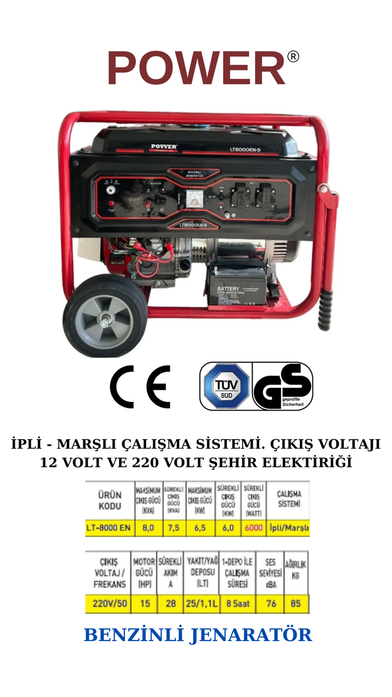 Lt8000 En 8,0 Kva Benzinli Jeneratör Ipli Marşlı