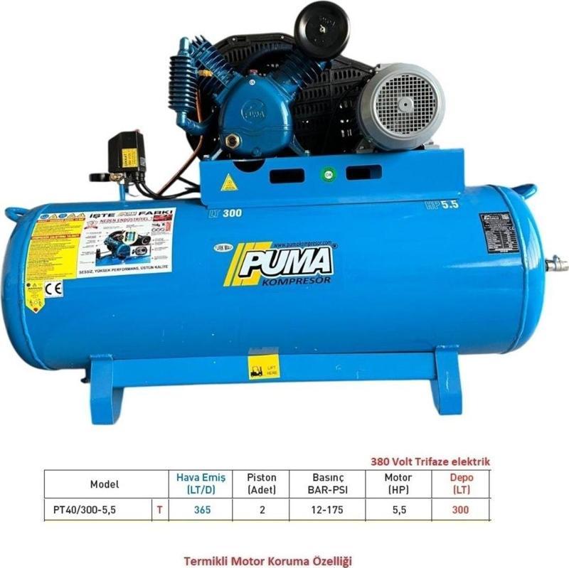 300 Lt Döküm Kafa Kompresör 5,5 Hp, Çift Kademe 12 Bar, 2 Piston, 380 V