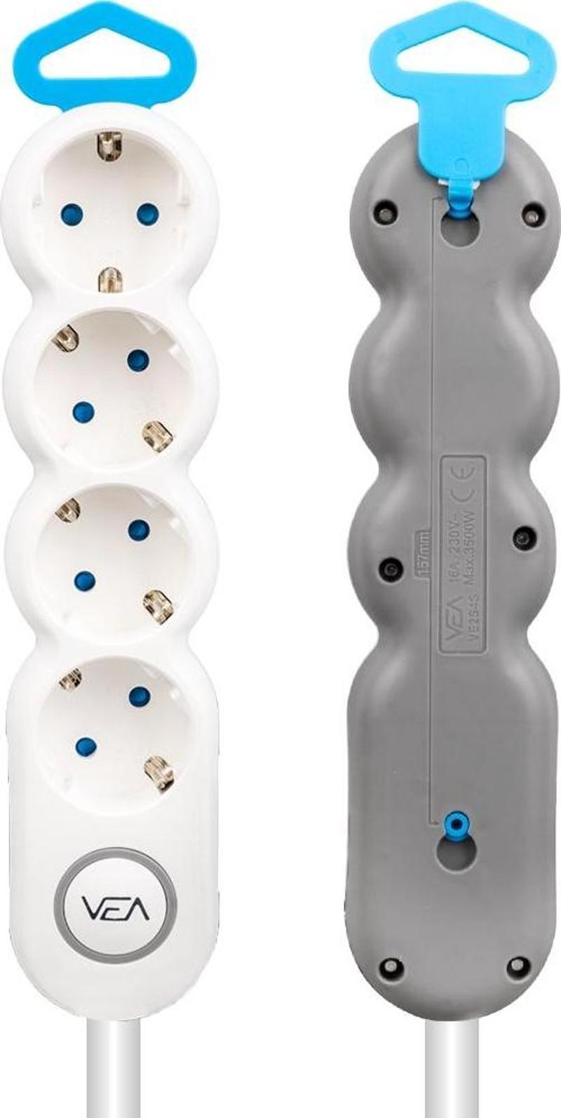 VE-2S4S 4 Lü 1.5 Metre Kablolu Anahtarlı Grup Priz Uzatma Kablosu 3680 Watt 16 Amper