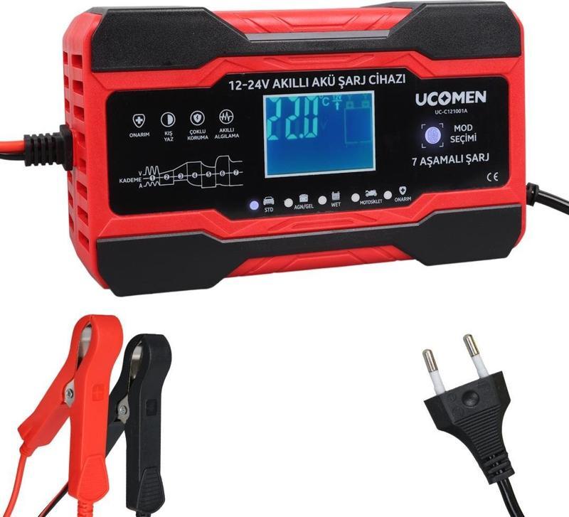 Ucomen UC-C121001A Kırmızı 12-24 Volt 10 Amper Led Göstergeli Akü Şarj Cihazı Oto Motor Akü Şarj Aleti