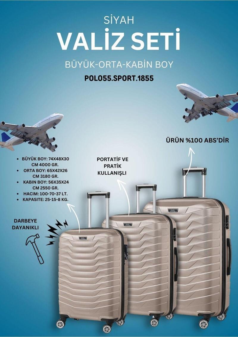 %100 Abs 3'Lü Gold Valiz Seti (Kabin - Orta - Büyük Boy)