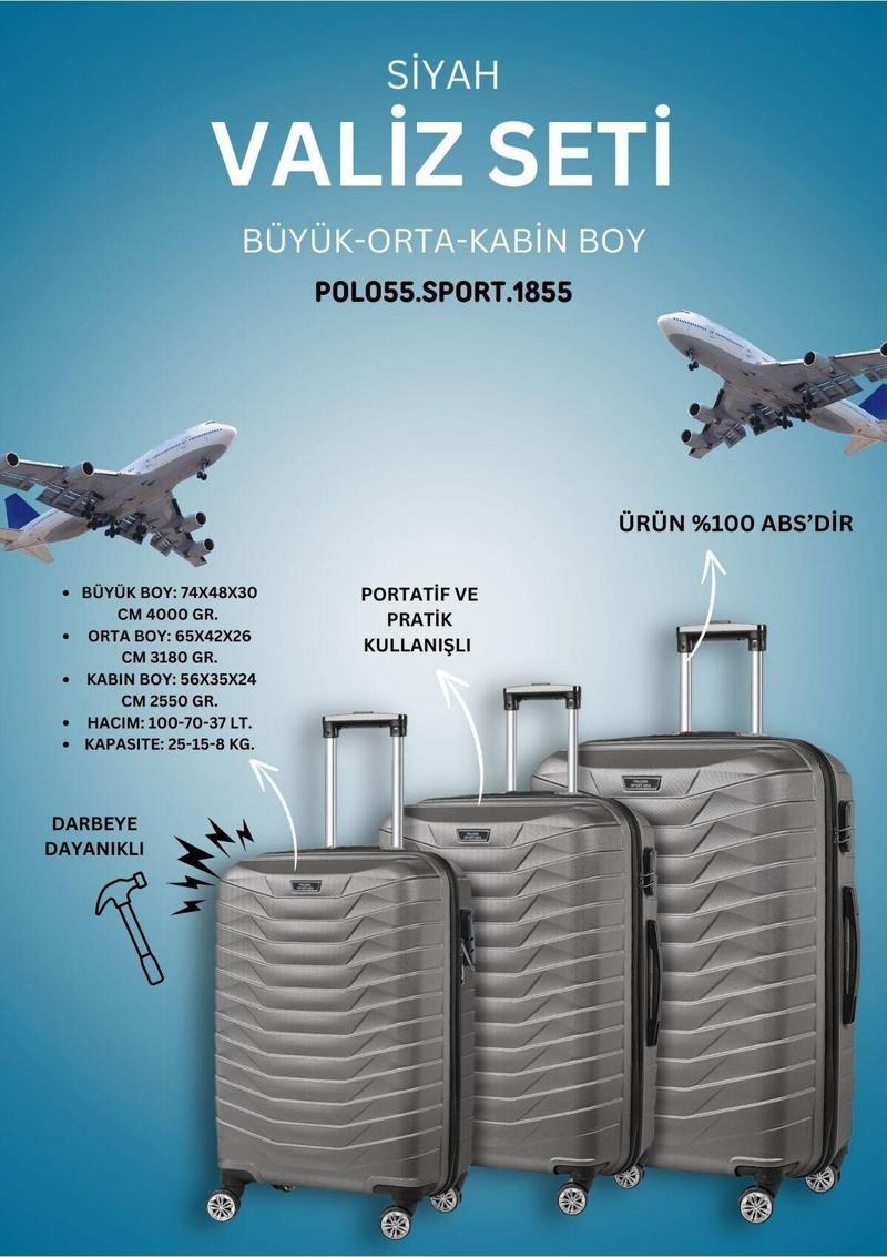 %100 Abs 3'Lü Gri Valiz Seti (Kabin - Orta - Büyük Boy)