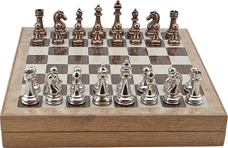 Metal KLASİK Satranç Takımı Antik ve Rustik Desenli MDF Sandıklı Satranç Tahtası (36X36X6 cm.)