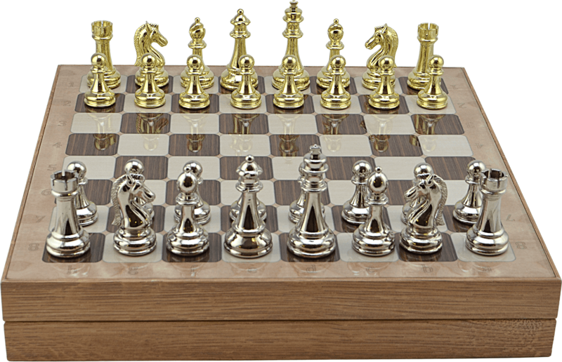 Metal KLASİK Satranç Takımı Parlak ve Rustik Desenli MDF Sandıklı Satranç Tahtası (36X36X6 cm.)