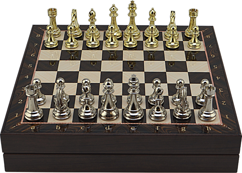 Büyük Boy Metal Klasik Satranç Tk. Parlak ve Ceviz Desenli Sandıklı MDF Tahtası(36X36 cm.)