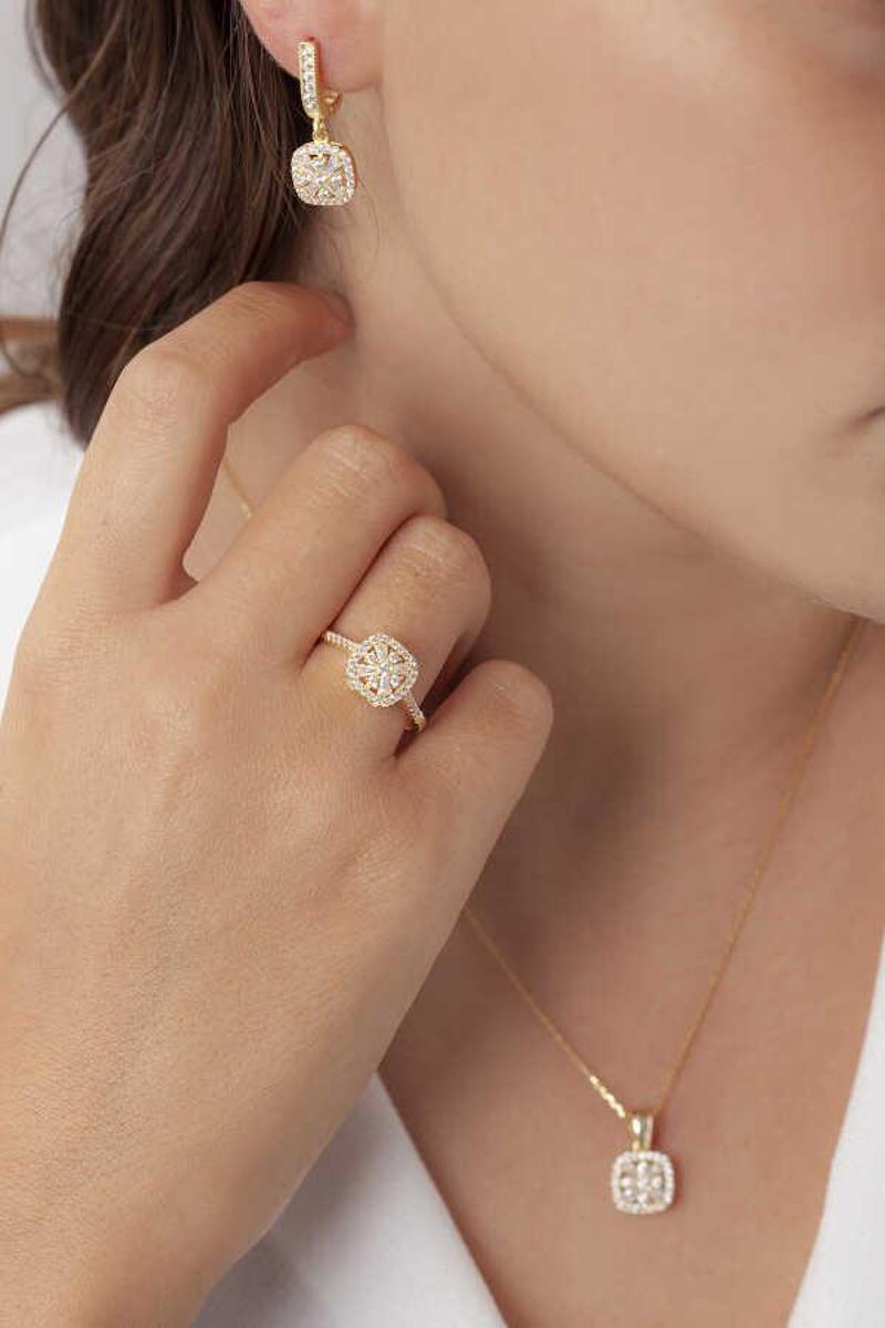 Kare Baget Model Gümüş Set Gold S46GB 925