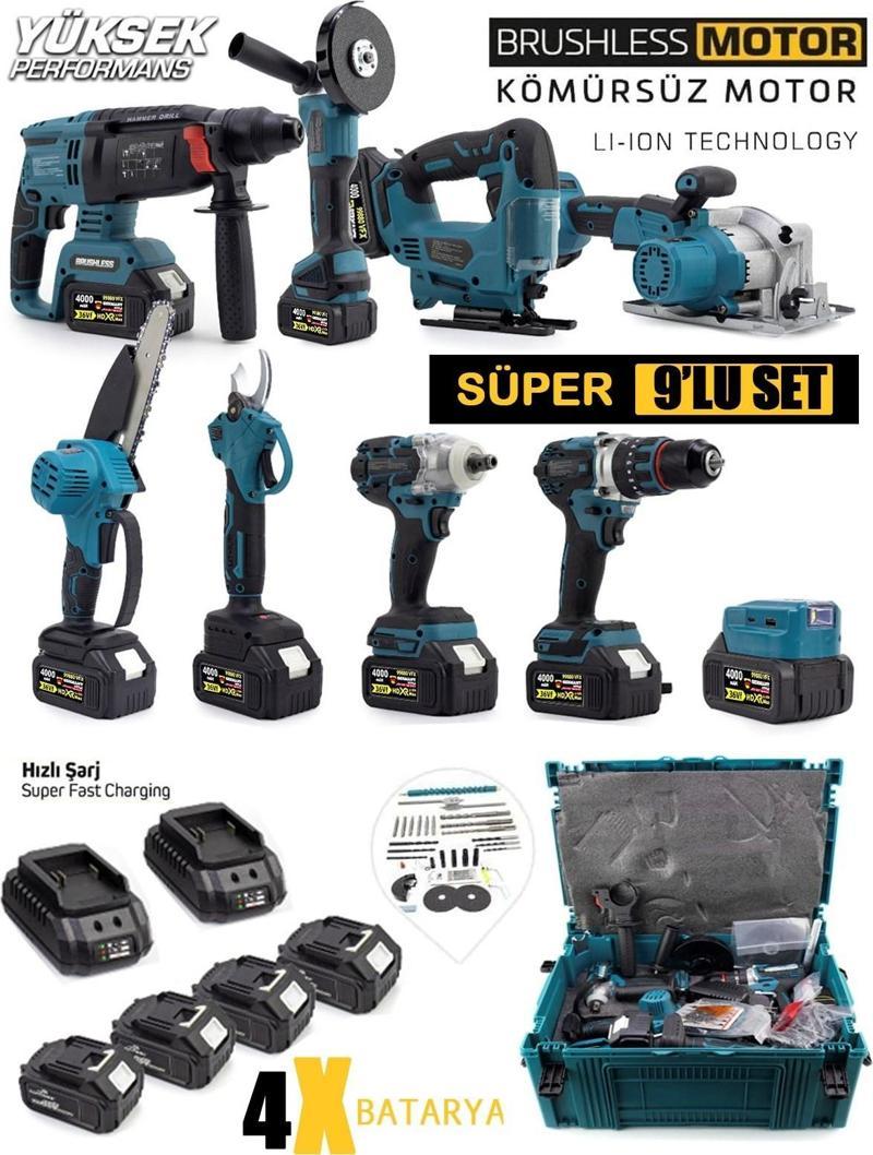 Kömürsüz 9'lu Set Kırıcı-Matkap-Dekupaj-Daire Testere-Budama Testeresi-Makas-Taşlama-S