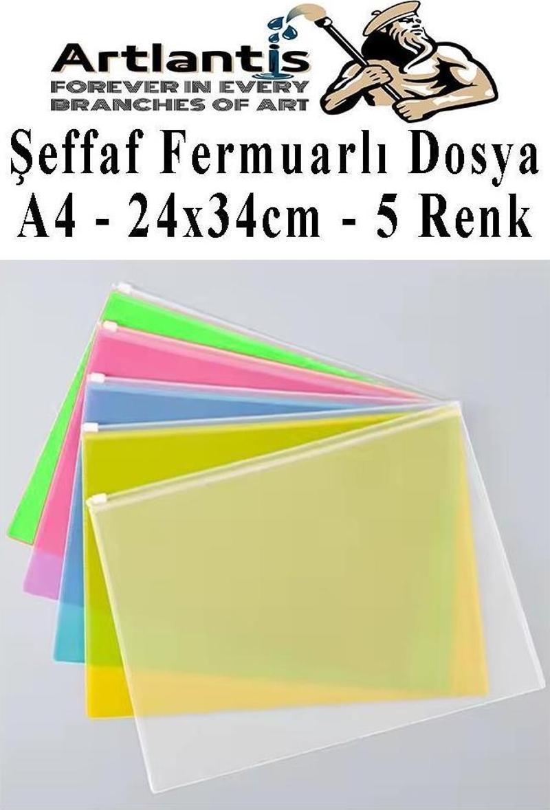 A4 Şeffaf Fermuarlı Dosya 5 Renk 1 Paket PvC Fermuarlı Evrak Dosyası 24x34cm Çıtçıtlı Belge Evrak Dosyası Ofis Büro Okul