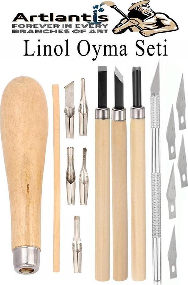 Linol Oyma Seti ve Kretuar Seti 16 Parça 1 Paket Linol Oyma Kesme Bıçak Seti Bıçaklı Linolyum Baskı Ahşap Saplı