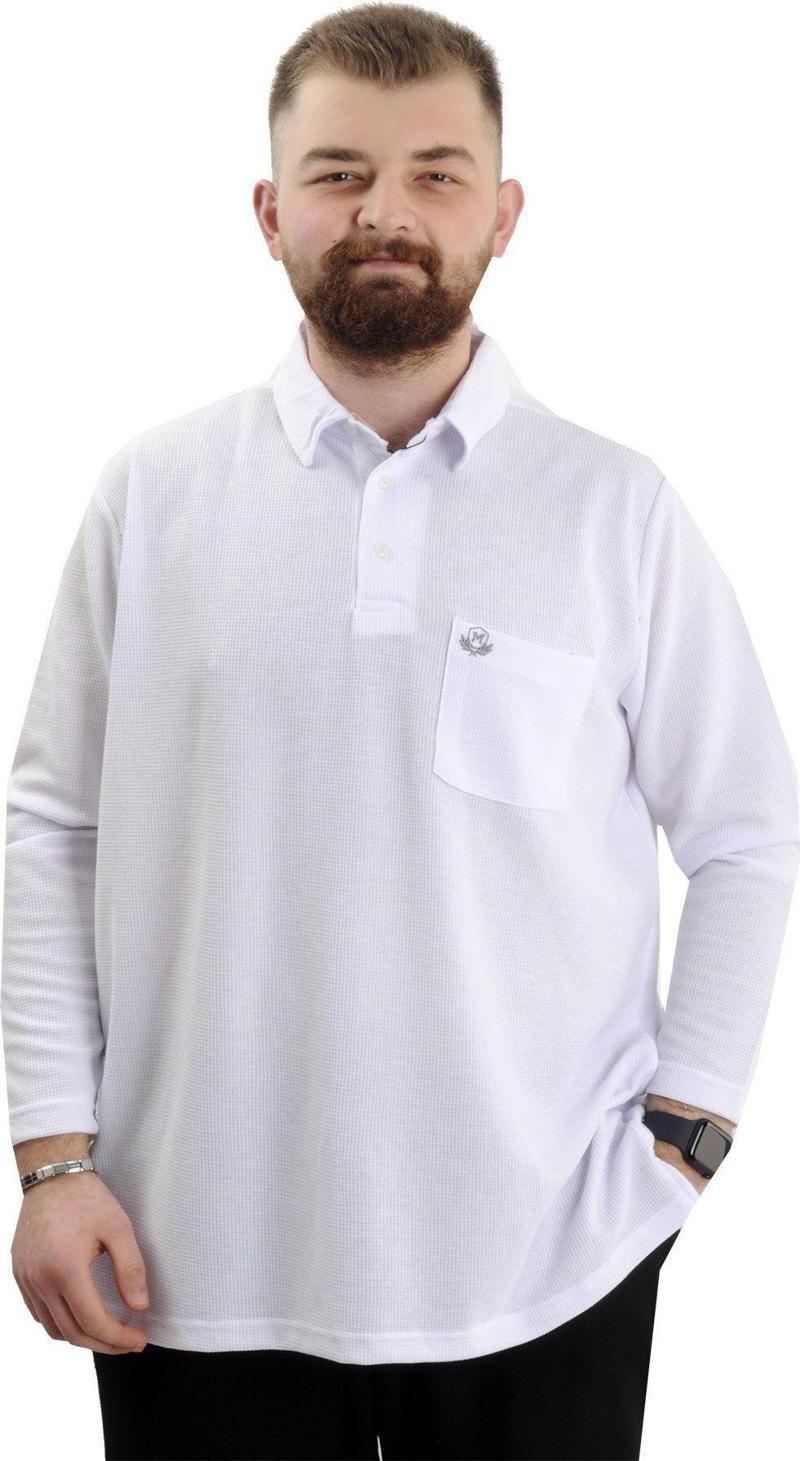 Büyük Beden Erkek Sweatshirt Polo Yaka Uzun Kol Waffle 23449 Beyaz