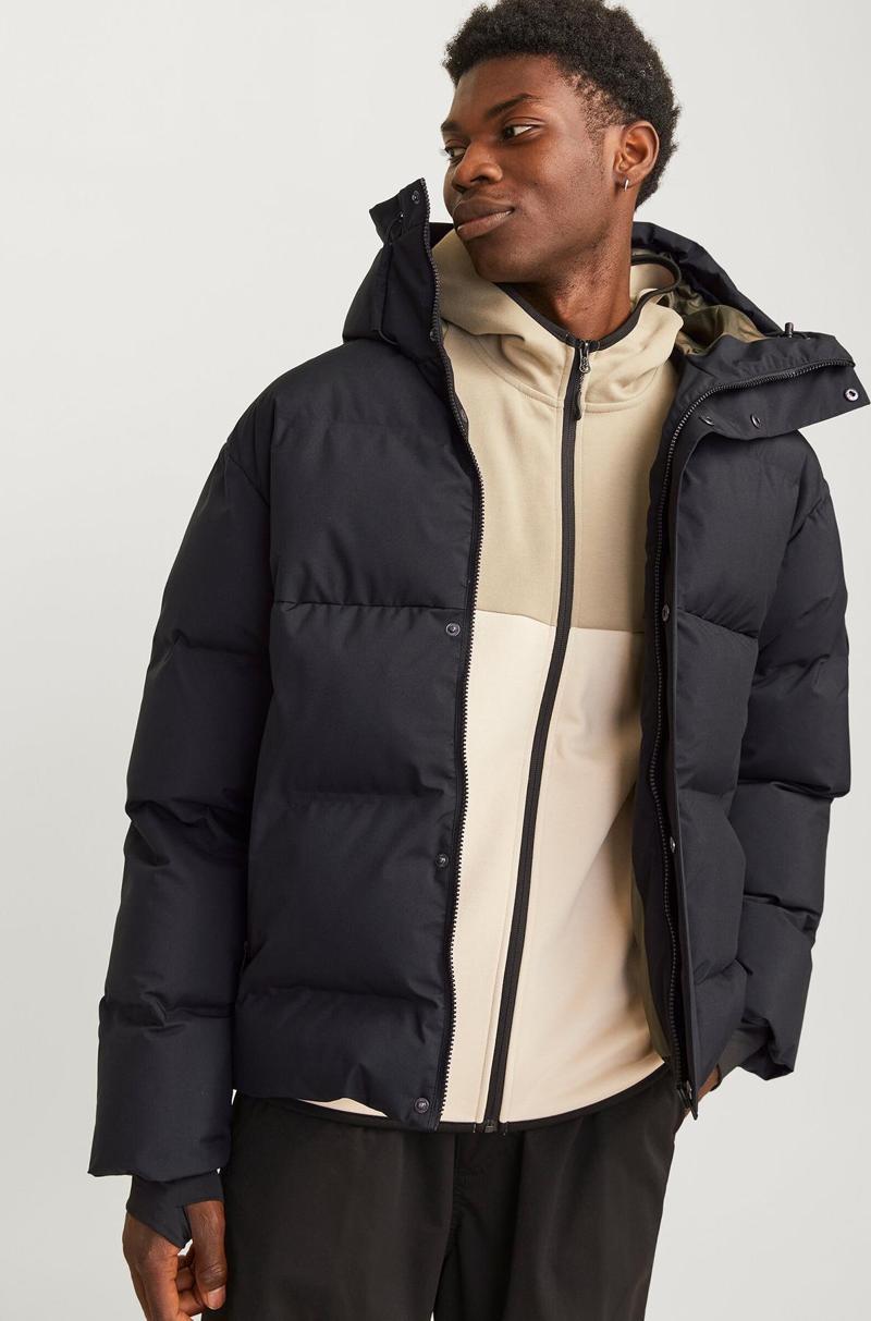 Jack & Jones Erkek Jcoalpha Kapüşonlu Rüzgar Geçirmez Puffer Mont 12261971 Siyah