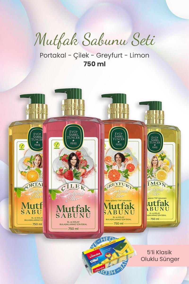 Mutfak Sabunu Çilekli,Portakallı,Limonlu,Greyfurtlu 750 ml ve Oluklu Sünger