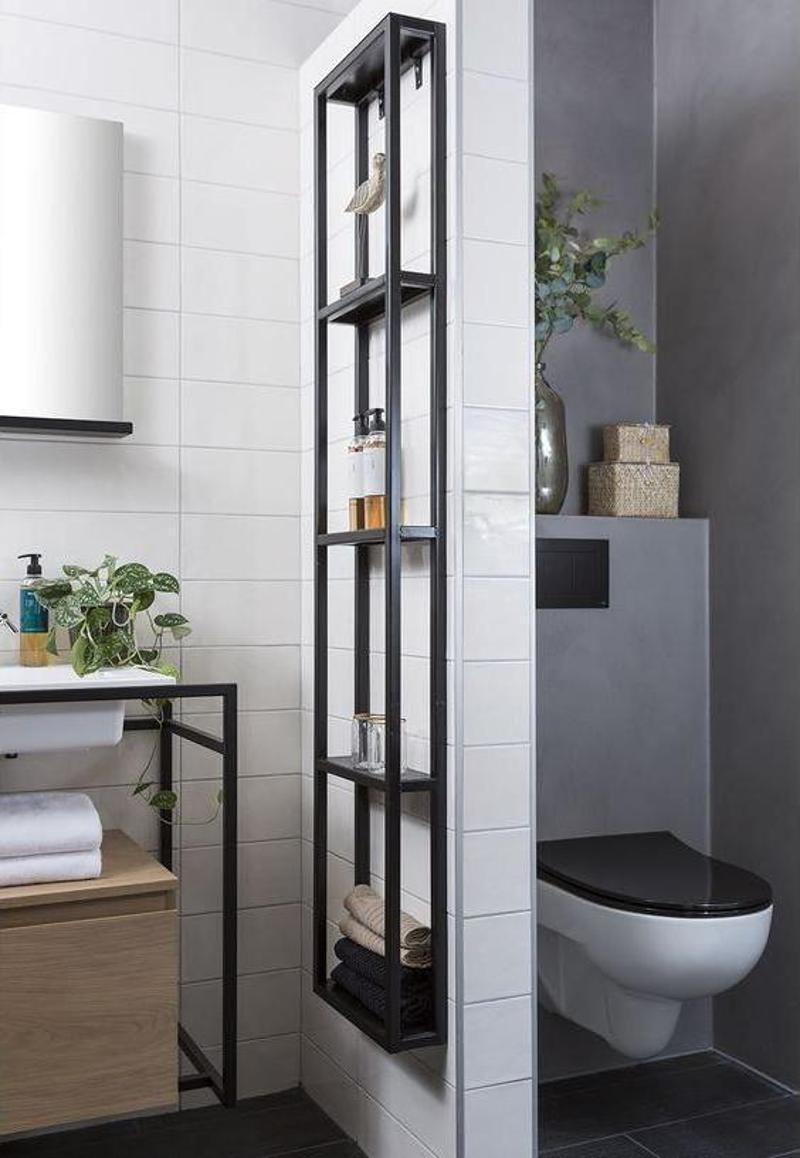 Metal Banyo Duvar Rafı Ahşaplı Banyo Rafı