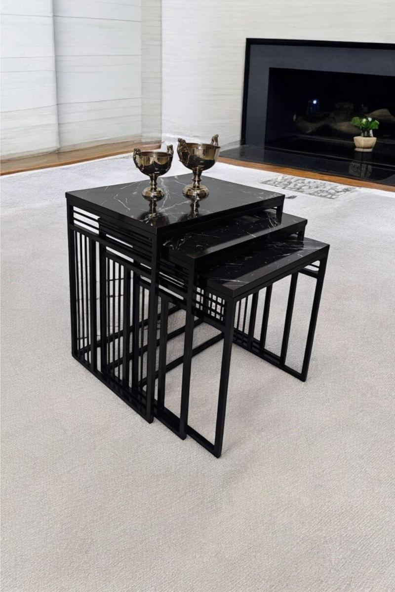 Milano Siyah Metal Ayaklı Mermer Desenli Zigon Sehpa 40x55 cm