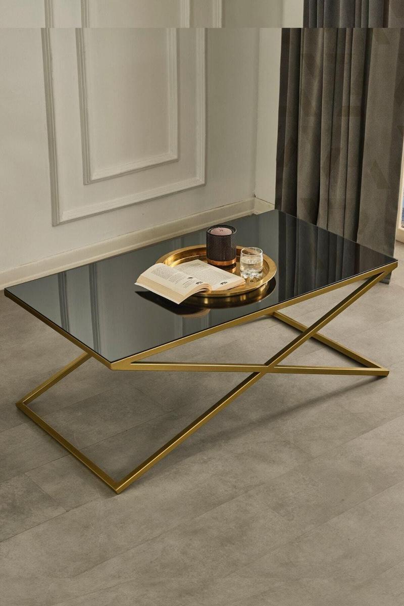 Venedik Gold Metal Ayaklı Füme Aynalı Orta Sehpa 110x60 cm