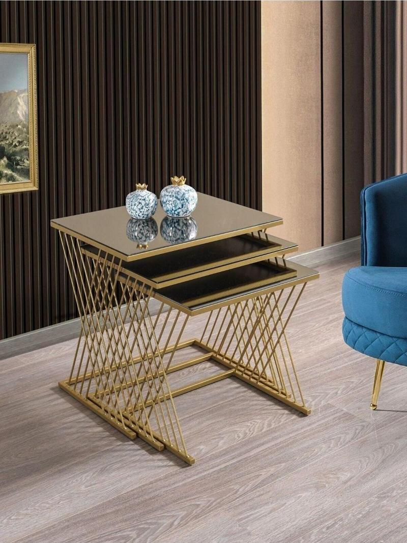 Vienna Gold Metal Ayaklı Bronz Aynalı Zigon Sehpa 40x55 cm