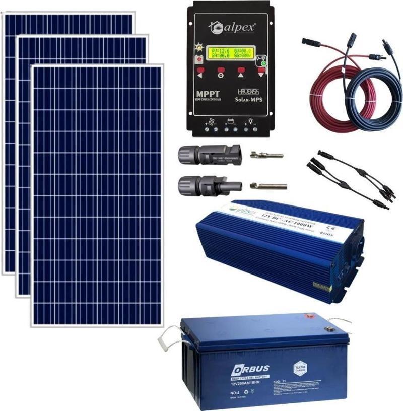 Teknovasyon Arge Güneş Enerjisi Bağ Evi Solar Paketi SP500 1000W Tam Sinüs İnverter 170W 12V Güneş Paneli 200Ah 12V Jel 