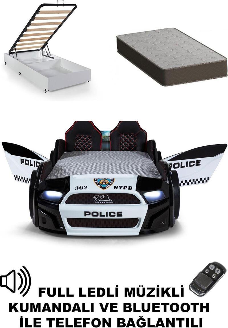 Bazalı Polis Arabalı Yatak Kapıları Açılan Mustang Full Ledli Kumandalı ve Müzikli + Ortopedik Yatak