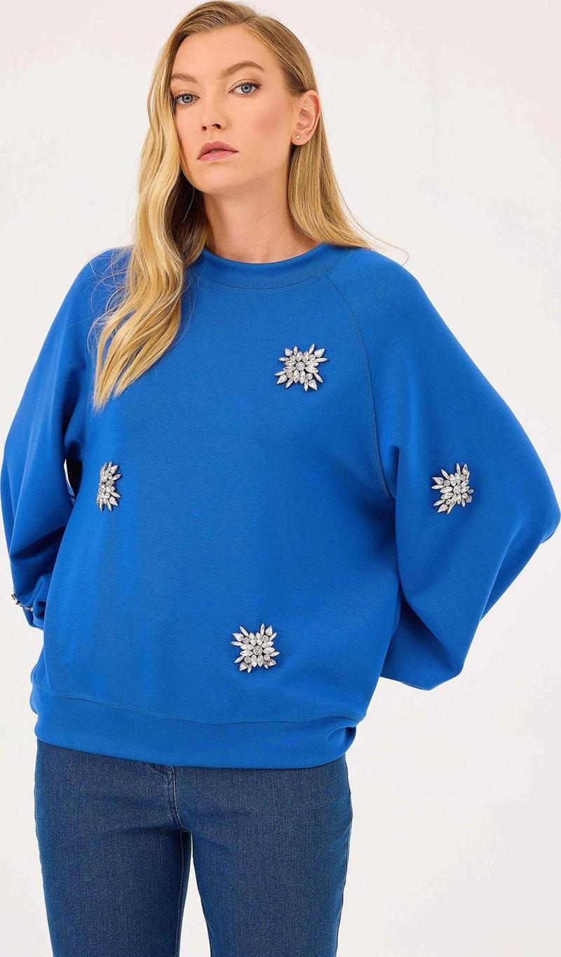 Kadın Yuvarlak Yaka Taşlı Sweatshirt 0001 Saks