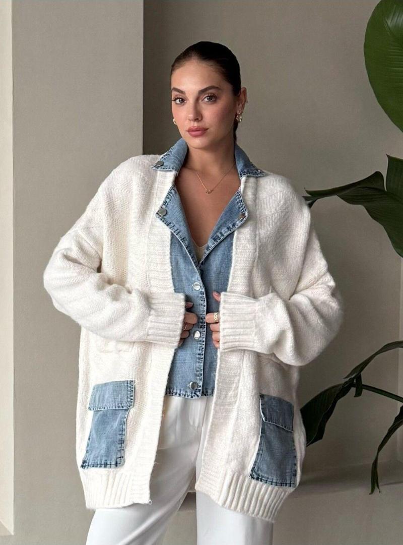 Krem Denim Detaylı Cepli Triko Hırka - 231120