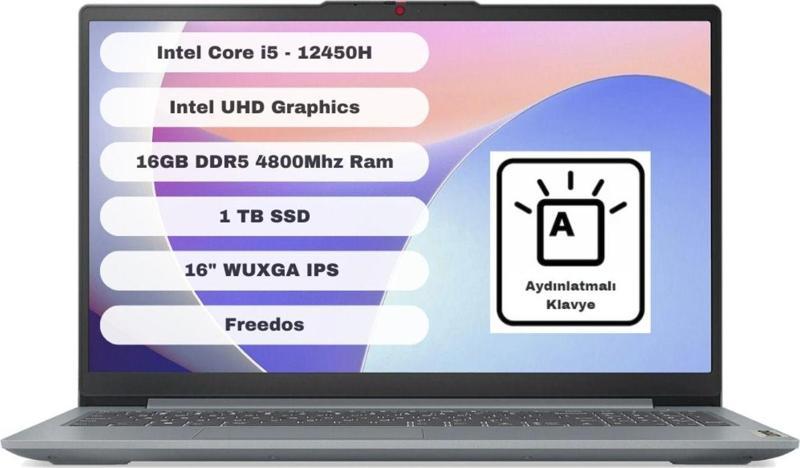 Ideapad Slim 3 16Iah8 83Es003Qtr Intel Core İ5 12450H 16Gb 1Tb Ssd 16" Wuxga Freedos Gri