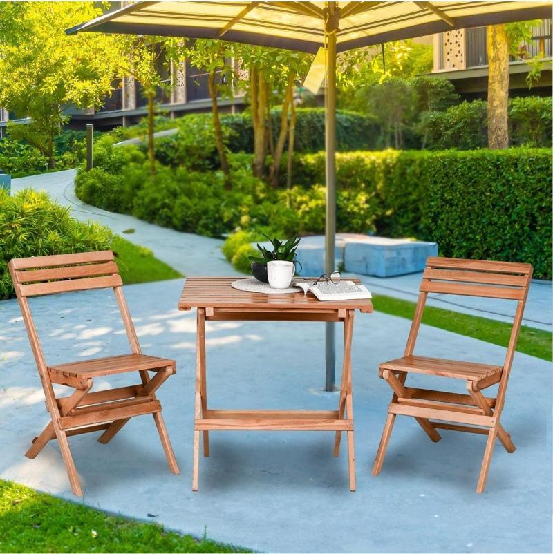 Ahşap Katlanır Puf Minderli 3 Lü Bistro Set Bahçe Takımı (Naturel)