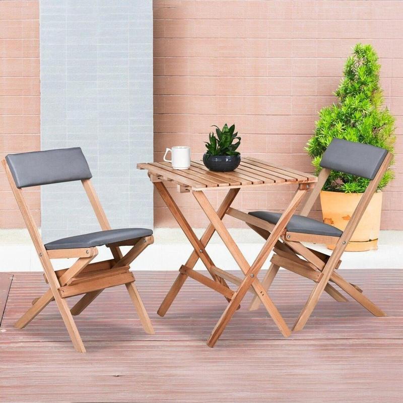 Ahşap Katlanır Döşeme Minderli 3 Lü Bistro Set Bahçe Takımı (Naturel-Gri)