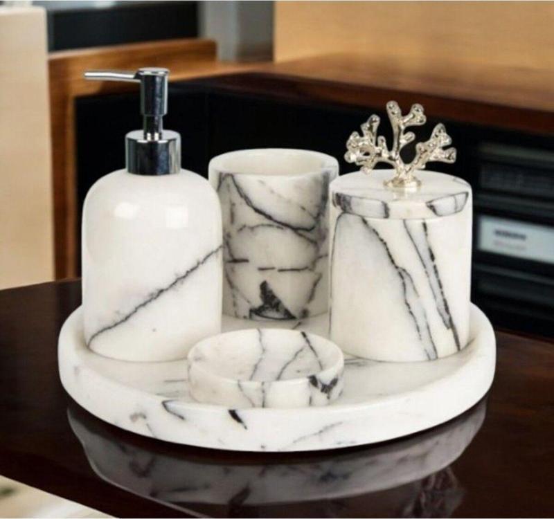 Urestone Leylak Mermer 5 Parça Banyo Seti-Tepsi-Katı Sabunluk-Sıvı Sabunluk-Diş Fırçalık-Pamukluk