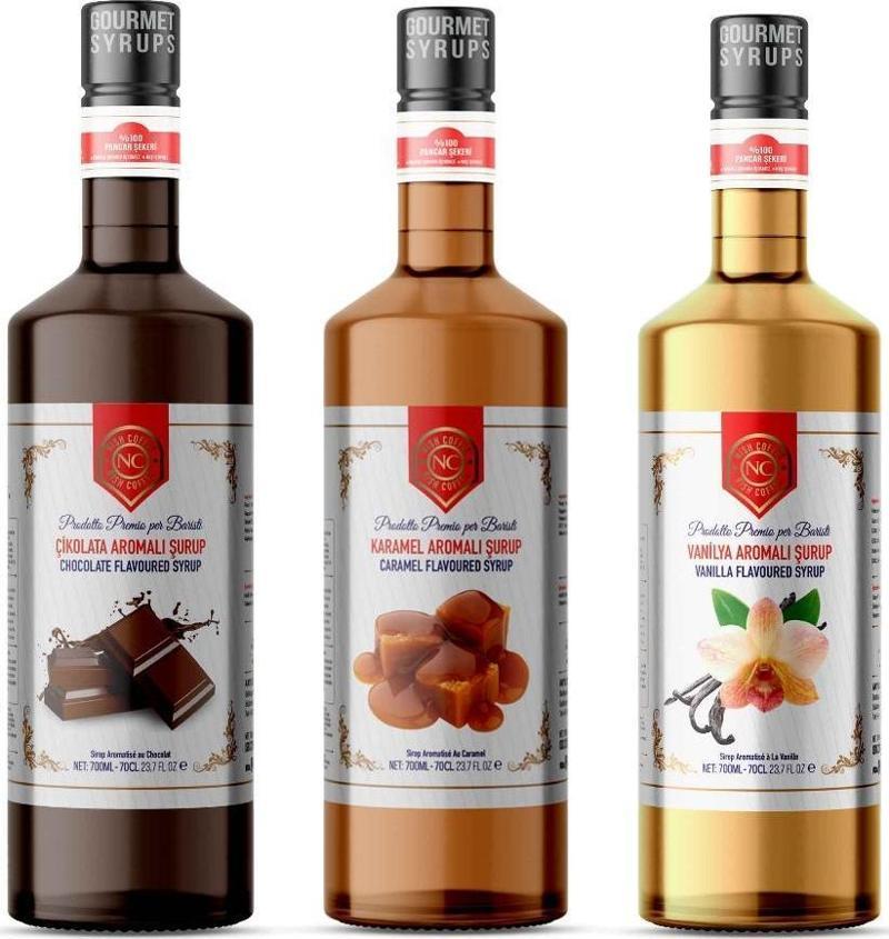 Nish Çikolata, Karamel, Vanilya Aromalı Şurup 3'lü Set (3 x 700ml) - Pet Şişe