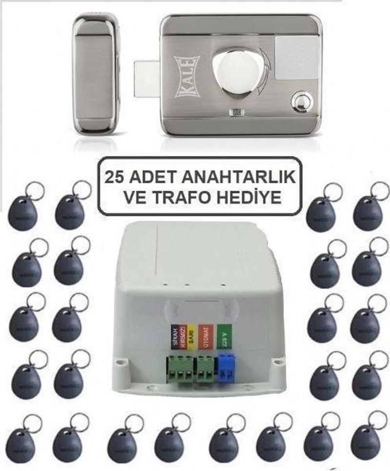 Kale SESSİZ + GÜVENLİ manyetik elektrikli trajlı apartman kapı kilidi motorlu otomat + kartlı sistemi + trafosu + 25 çip