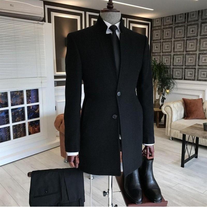 Erkek Siyah Slim Fit Dik Yaka Yün Karışımlı Kaşe Kaban