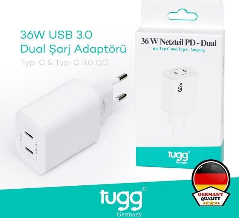 Akıllı Şarj Başlık 36W Isı ve Akım Korumalı Hızlı Turbo Sarj Type-C+Type-C Çift Girişli 104407